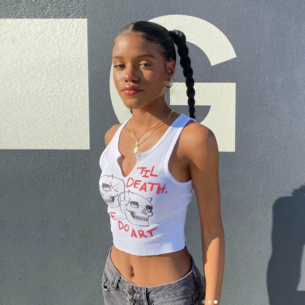 ZARA Summer White Letter Skull Print Crop Tank Top
